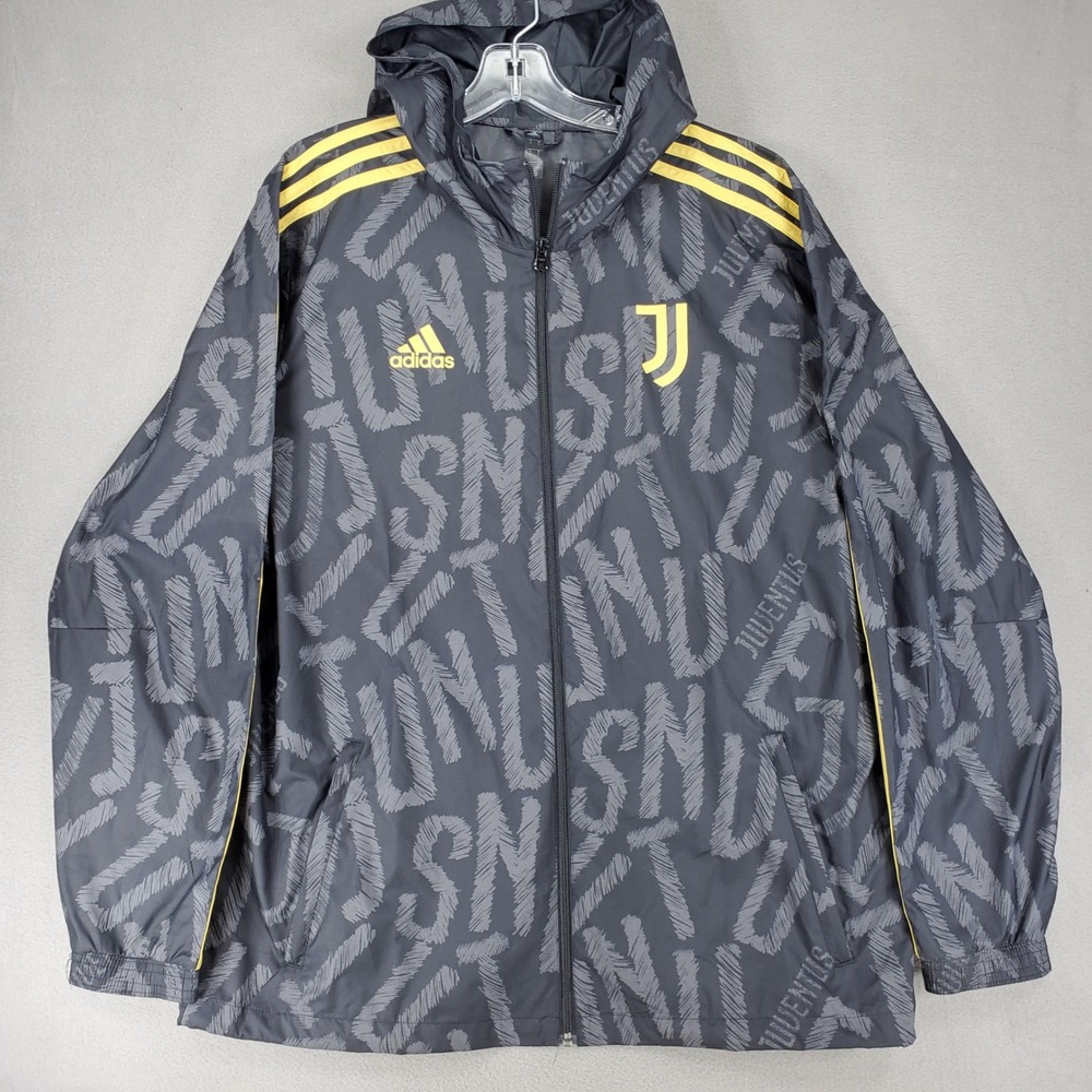 Adidas Windbreaker Jacket Mens L Black Juventus FC Soccer Graphic FR4220 Hooded